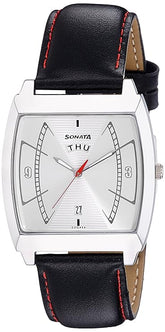 Sonata Men's Watch Analog Silver Dial With Black Leather Strap, 77064SL01
